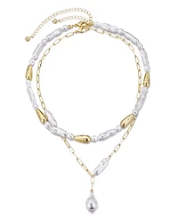 Adornia Gold Beaded Faux Cultivated Pearl Layered Lariat Necklace
