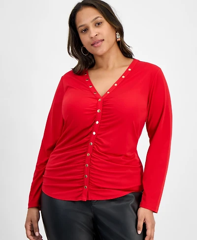 I.n.c. International Concepts Plus V-Neck Long-Sleeve Blouse, Macy's Exclusive