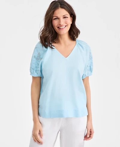 Charter Club Women's 100% Linen V-Neck Applique-Sleeve Top, Macy's Exclusive