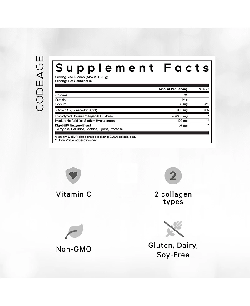 Codeage Collagen Peptides Powder + Vitamin C - 20g Grass-Fed Collagen Per Serving - Digestive Enzymes, Hyaluronic Acid, 18 Amino Acids