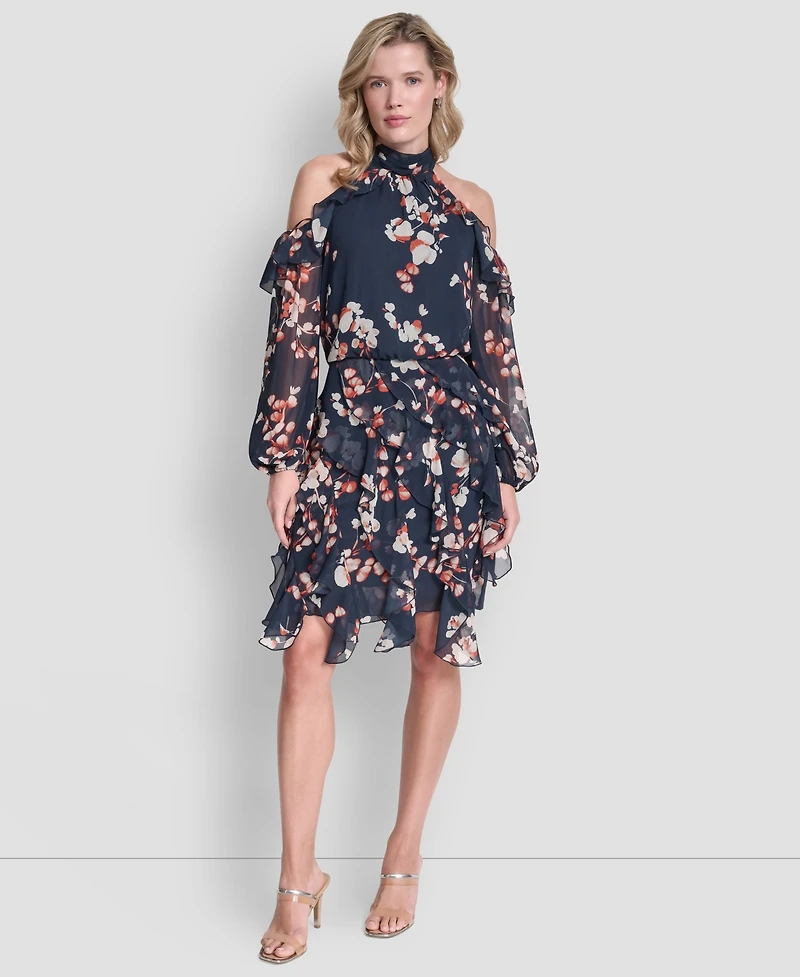Dkny Petite Mock Neck Ruffles Short Dress