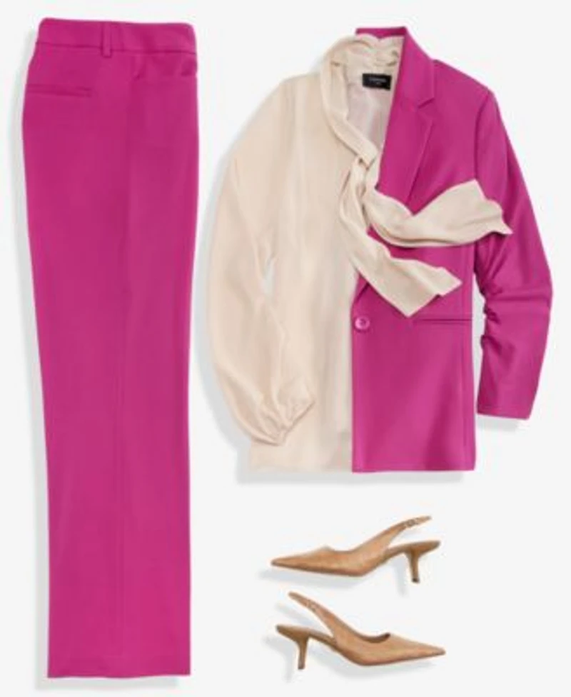 Tahari Womens Long Sleeve Bow Neck Blouse Ruched Sleeve Blazer Flare Leg Pants