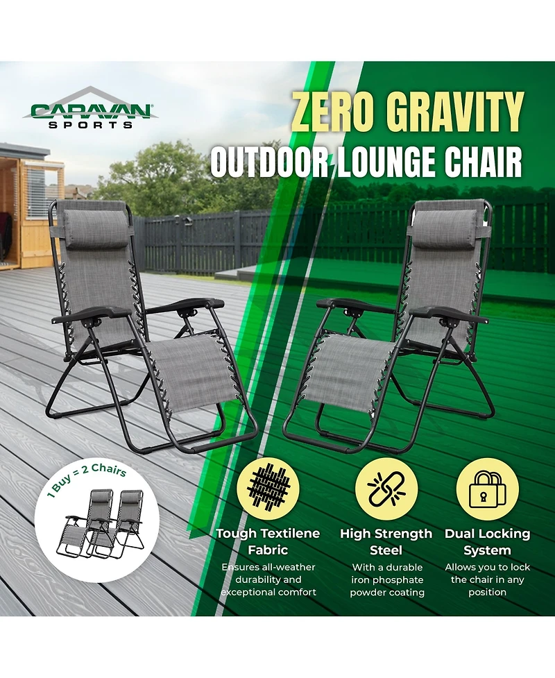 Caravan Canopy Infinity Zero Gravity Steel Frame Patio Deck Chair, Grey (Pair)