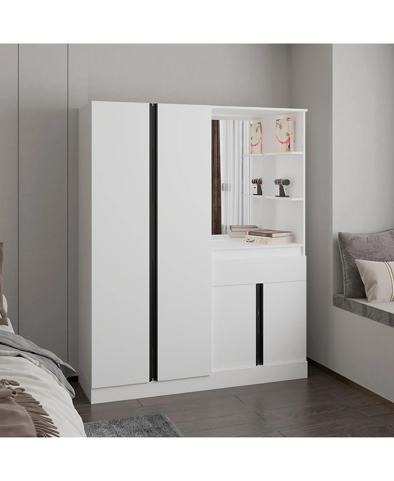 Depot E-Shop Everson Armoire, 4 Doors, 1 Drawer, 3 Shelves, 1 Mirror, White