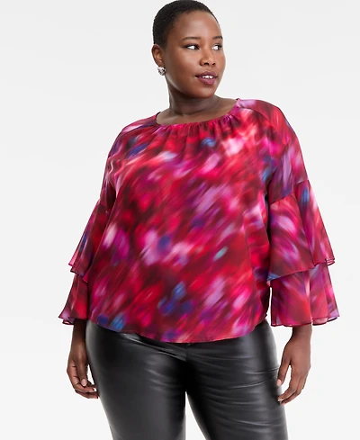 I.n.c. International Concepts Plus Printed Ruffle-Sleeve Top, Macy's Exclusive