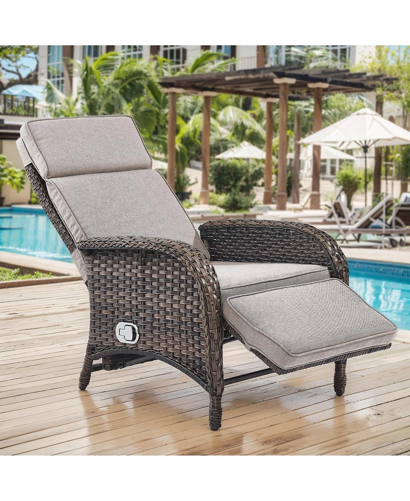 Gymojoy SleekArm Wicker 1-Piece Outdoor Chaise Lounge Chair, Patio Adjuestment Recliner with Olefin Cushion