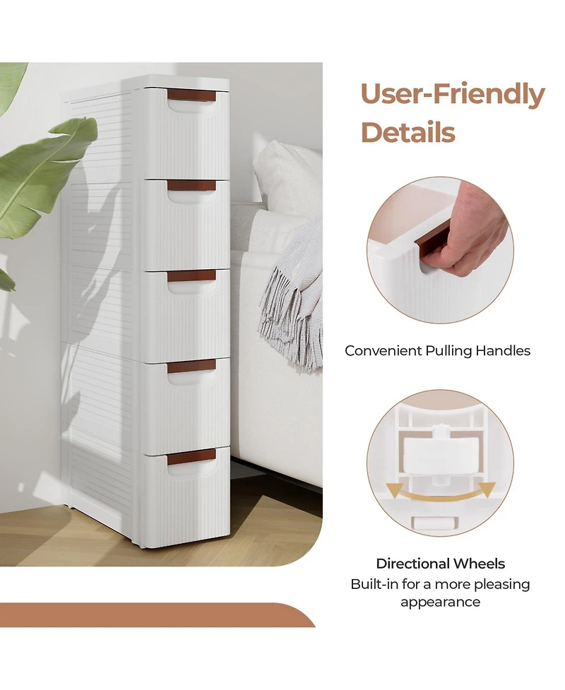 Volenca 5-Drawer Rolling Organizer Unit Narrow Storage Cabinet with Built-In Wheels for Small Space