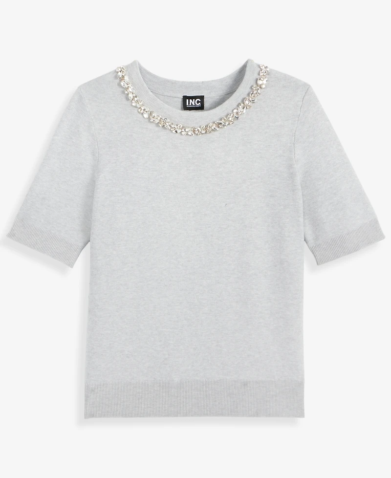 I.n.c. International Concepts Women's Short-Sleeve Embellished-Neck Sweater, Macy's Exclusive