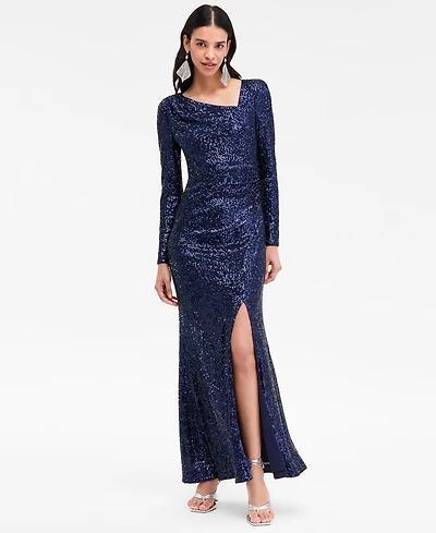 Eliza J Women's Sequined Asymmetric-Neck Side-Slit Gown