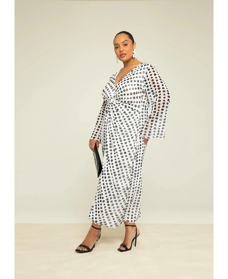 Fashion-szn Curve Women's Long Sleeve V-Neck Polka Dot Midi Dress