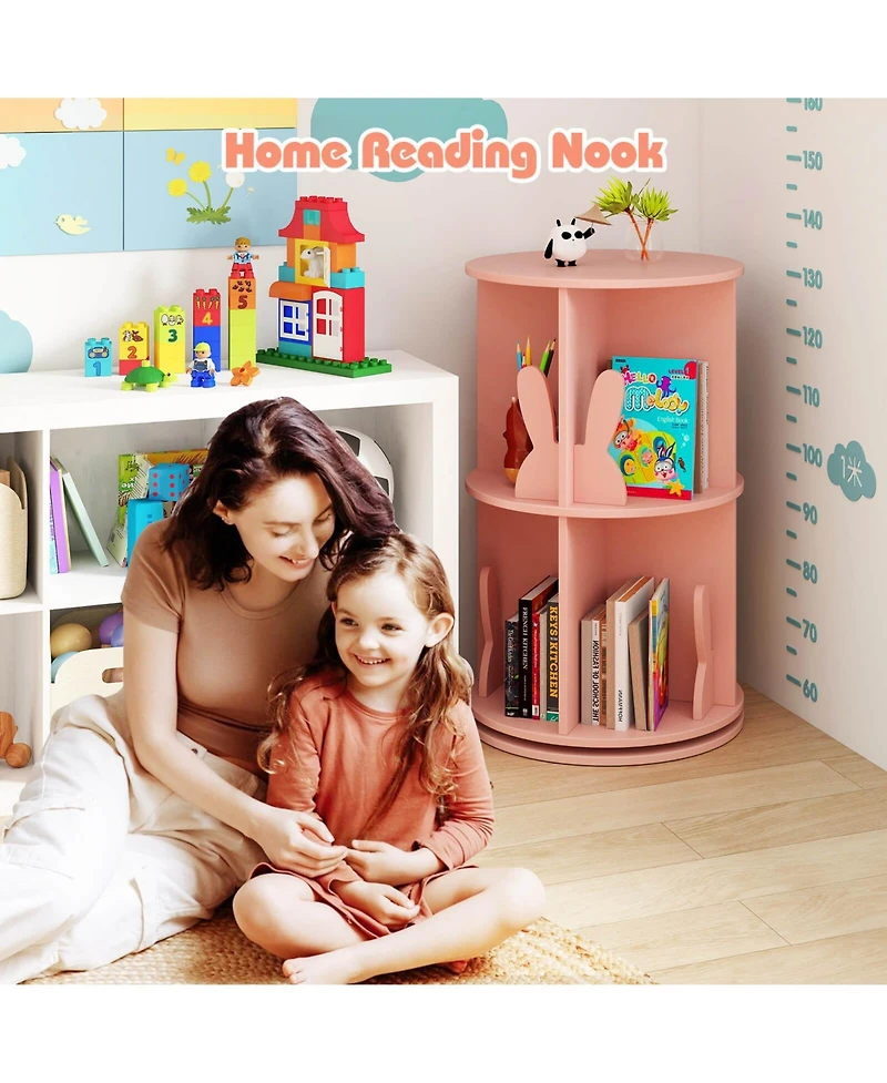 Costway Kids Rotating Bookshelf 2 Tier Freestanding 360° Revolving Display Storage Rack Pink