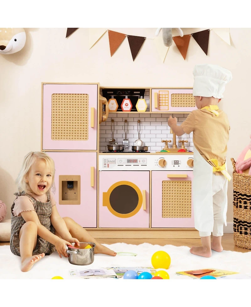 Wooden Kids Kitchen Playset Pretend Play with Real Sounds Lights