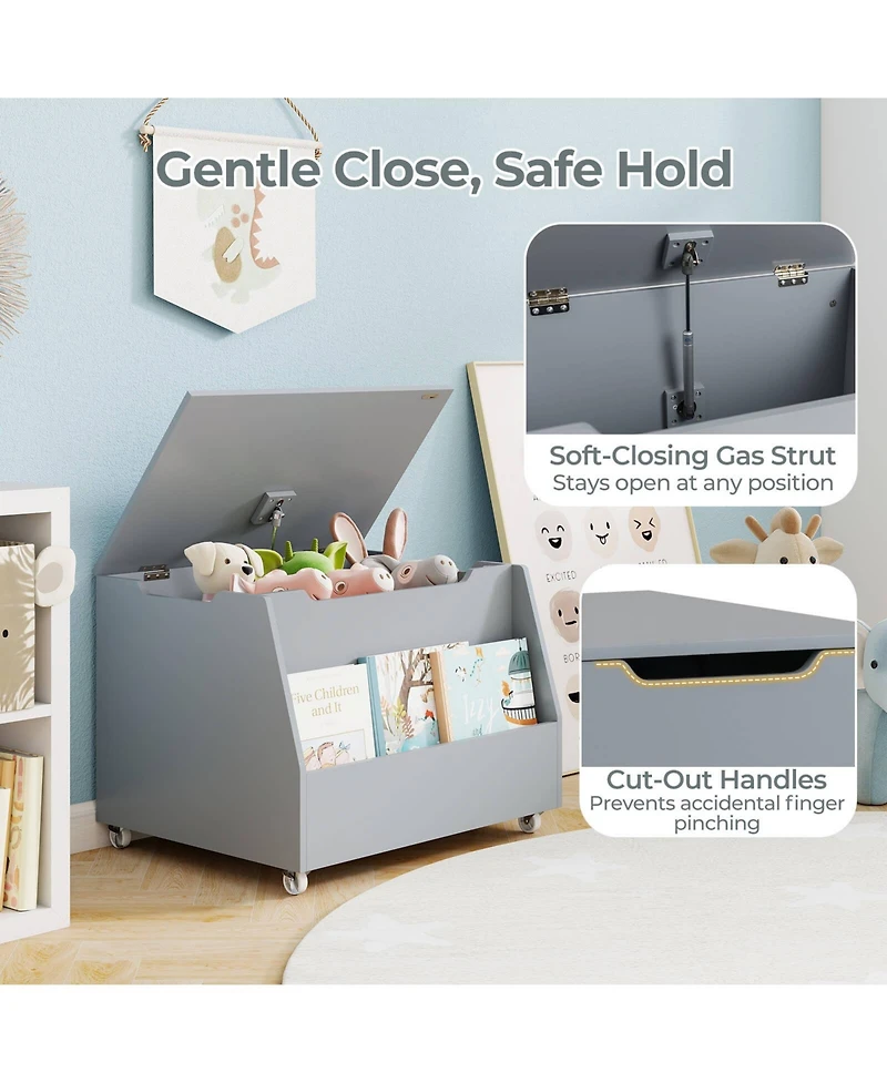 Costway Kids Toy Box Wooden Mobile Storage Organizer with Bookshelf & Lockable Wheels