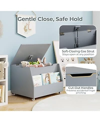Costway Kids Toy Box Wooden Mobile Storage Organizer with Bookshelf & Lockable Wheels