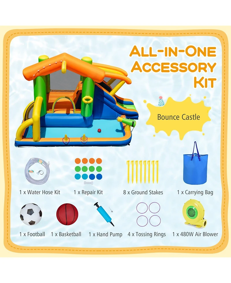 Gymax 8-in-1 Inflatable Bounce House Water Park w/Slide Water Cannon w/ 480W Blower