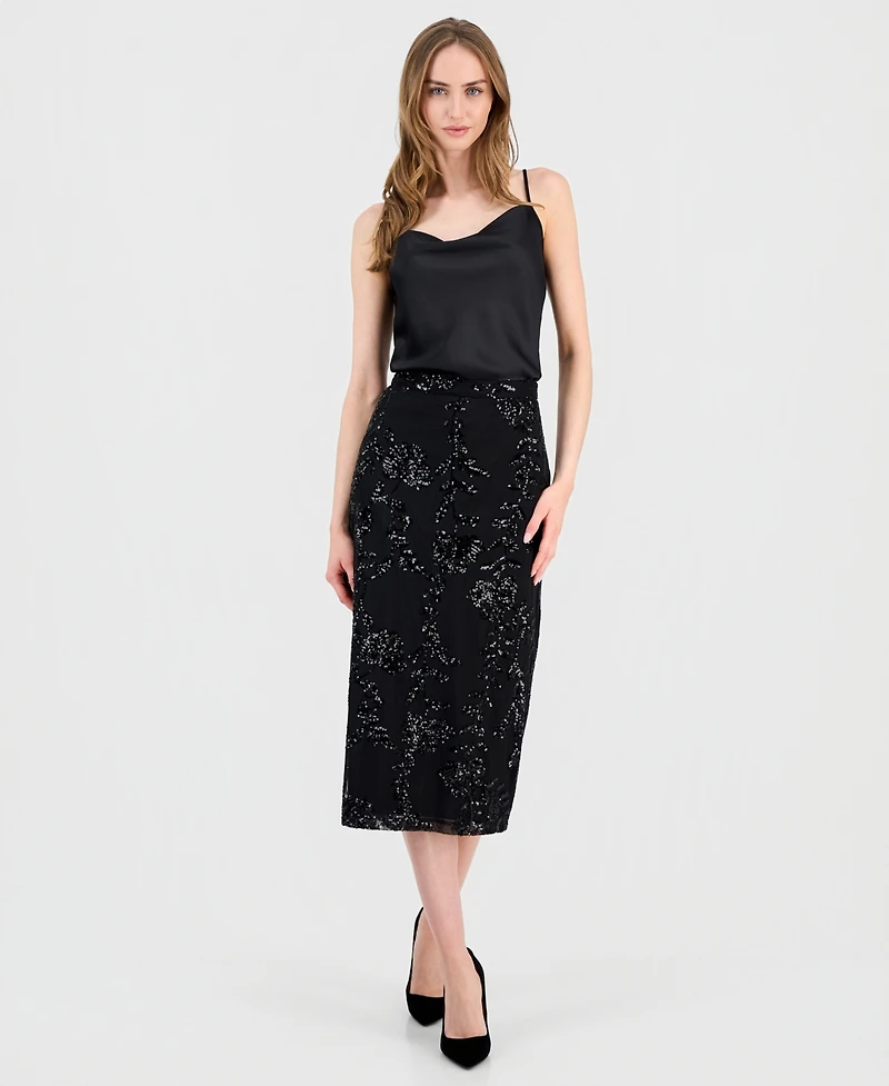 T Tahari Women's Floral Sequin Midi Skirt