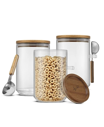 JoyJolt Holden Stackable Glass Storage Canister with Wood Lids and Scoops, Set of 3