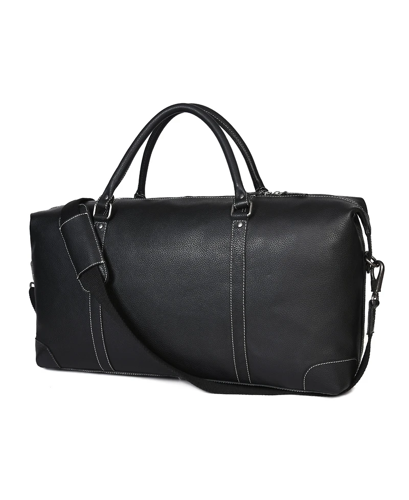 Aaron Leather Goods Full-Grain Black Leather Duffel Bag with Contrast Stitching, Adjustable Shoulder Strap, Metal Feet, and Spacious Interior –