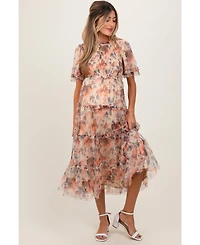 Pinkblush Maternity Peach Floral Mesh Smocked Midi Dress