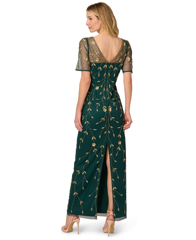 Adrianna Papell Women's Printed Bead Mesh Long Dress