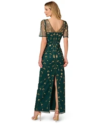 Adrianna Papell Women's Printed Bead Mesh Long Dress