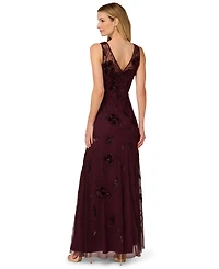 Adrianna Papell Women's Bead Velvet Flower Long Dress