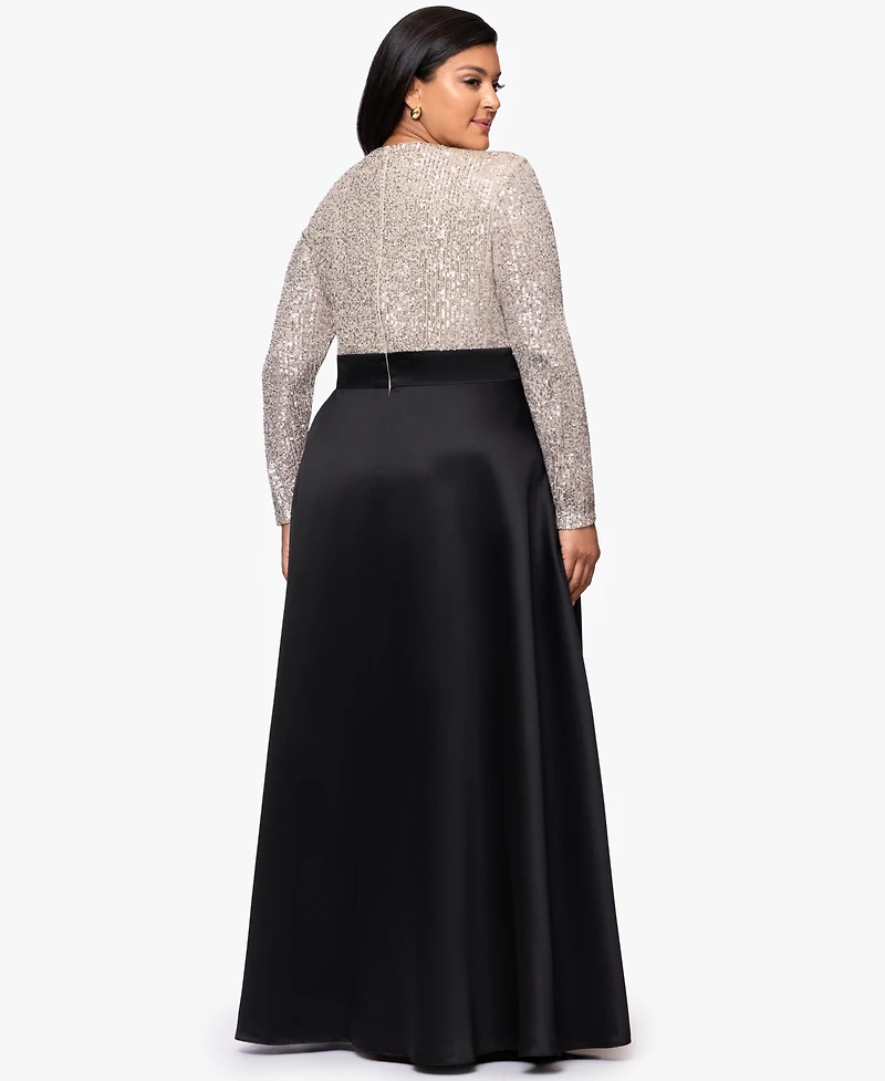 Xscape Plus Long Sleeve Sequin Ballgown Skirt Dress