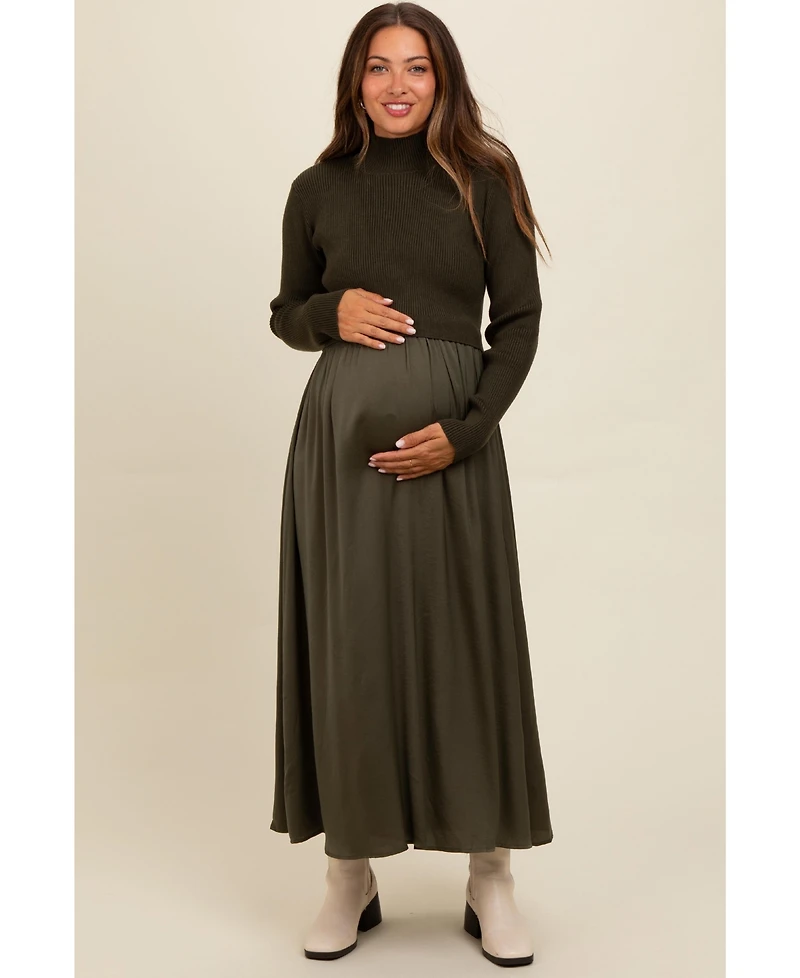 Pinkblush Maternity Olive Knit Contrast Top Satin Midi Dress