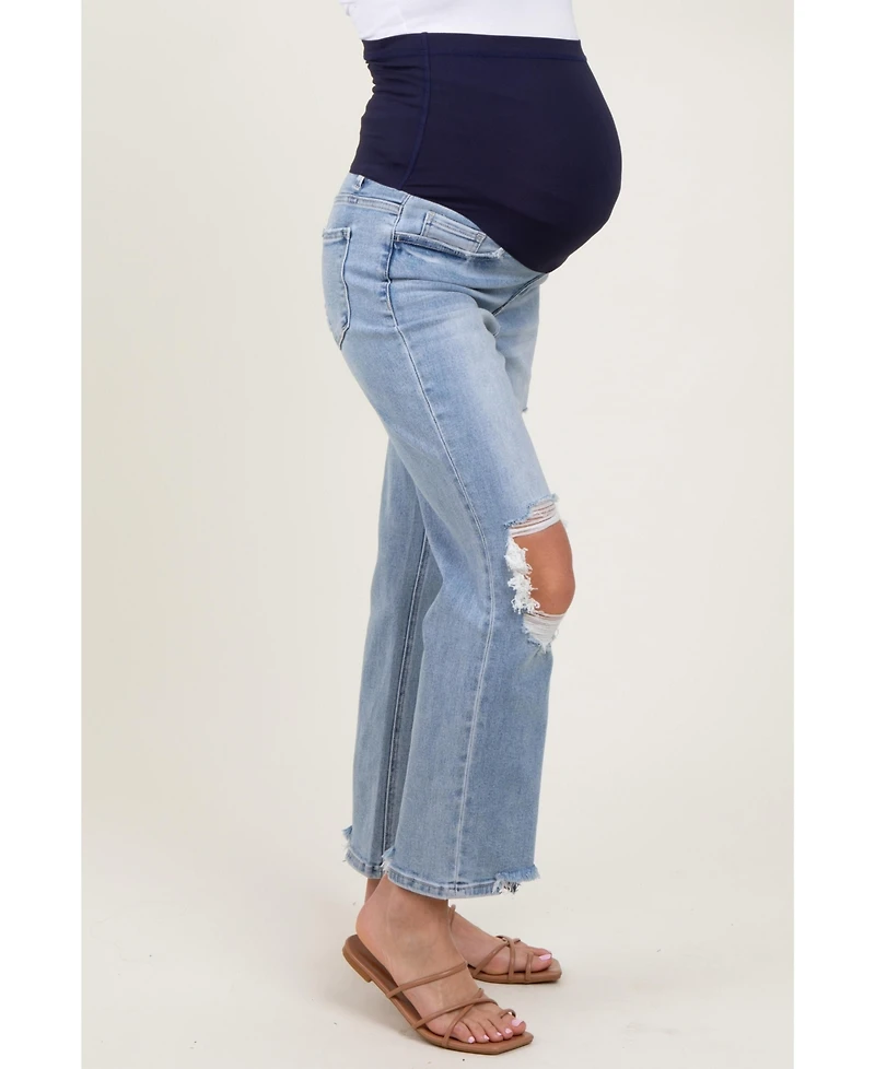 Pinkblush Light Blue Distressed Cutout Maternity Straight Leg Ankle Jeans