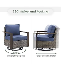 Gymojoy CubeEdge Brown Wicker Patio Swivel Chair Set Outdoor Rocking with CushionGuard Blue Cushions (2-Pack）