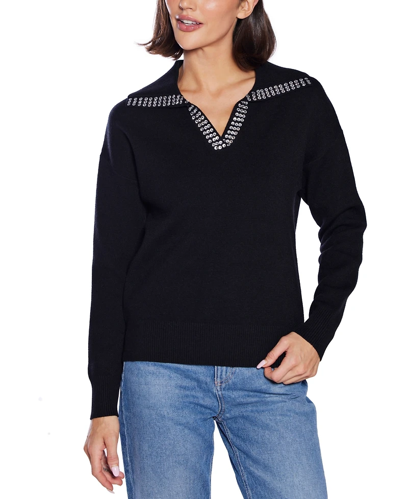 Belldini Women's Rhinestone-Trimmed Split-Neck Sweater