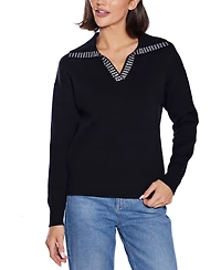 Belldini Women's Rhinestone-Trimmed Split-Neck Sweater