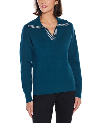 Belldini Women's Rhinestone-Trimmed Split-Neck Sweater