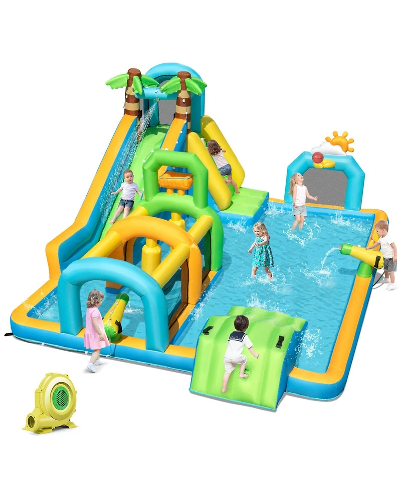 Gymax Inflatable Water Slide w/Splash Pool Climbing Wall Football Goal 735W Blower