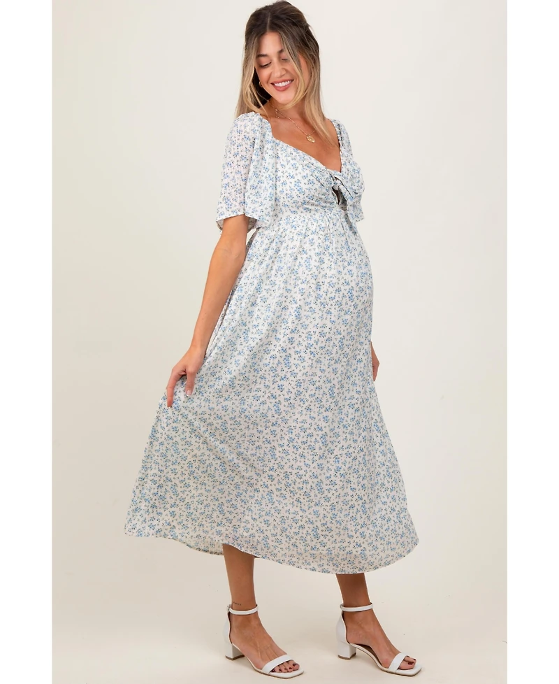Pinkblush Maternity Blue Floral Front Tie Midi Dress