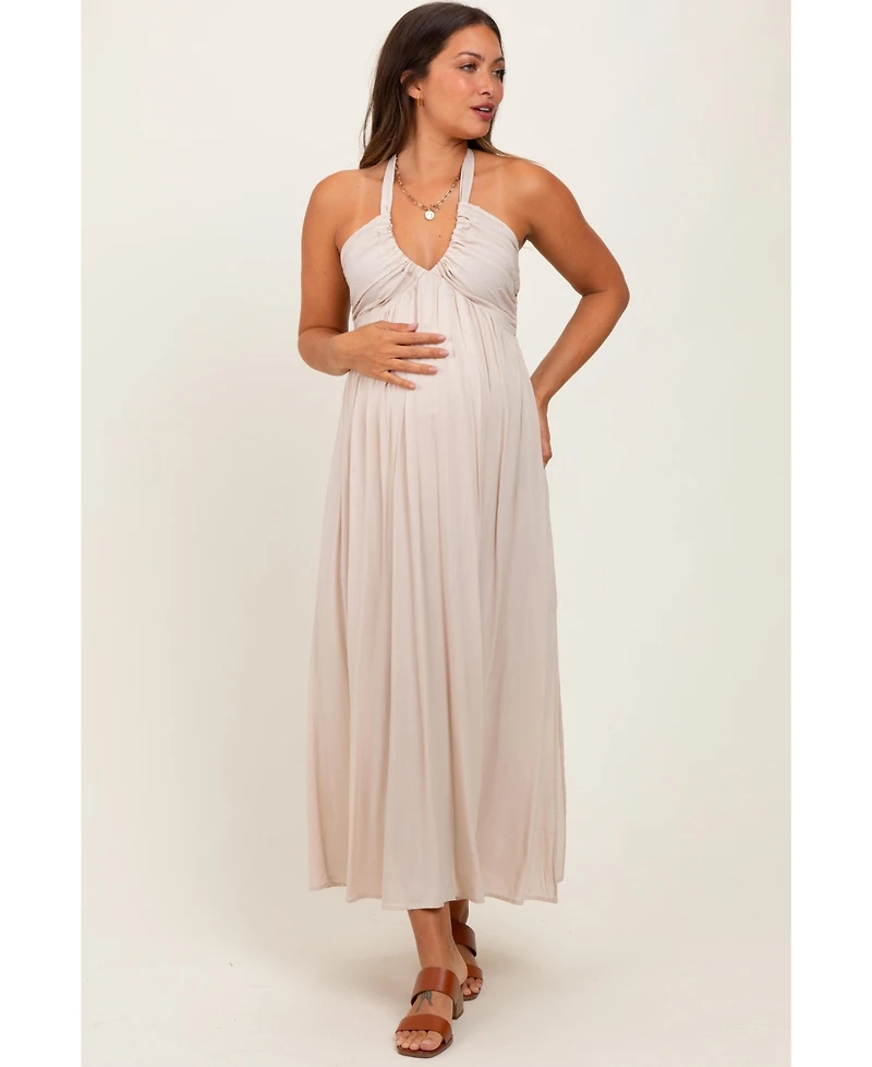 Pinkblush Cream Halter Neck Side Slit Maternity Midi Dress