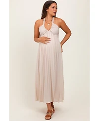 Pinkblush Cream Halter Neck Side Slit Maternity Midi Dress