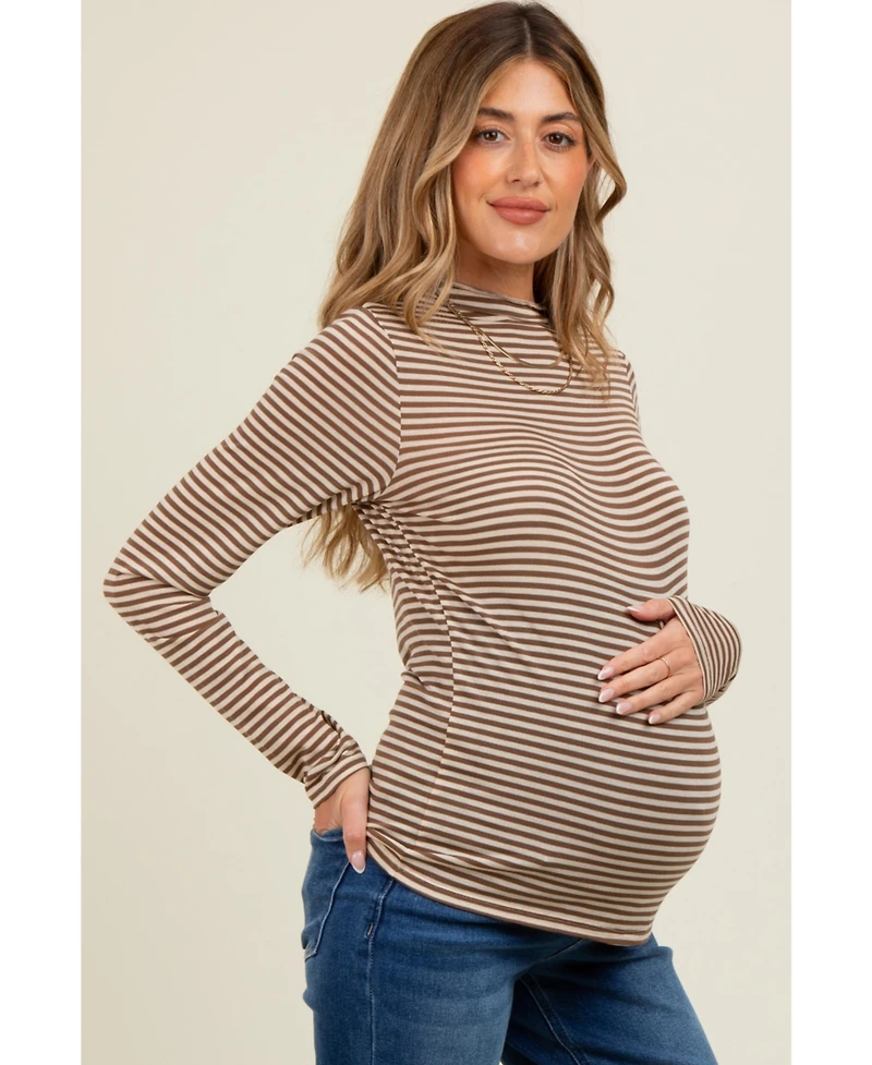 Pinkblush Mocha Striped High Neck Maternity Long Sleeve Top