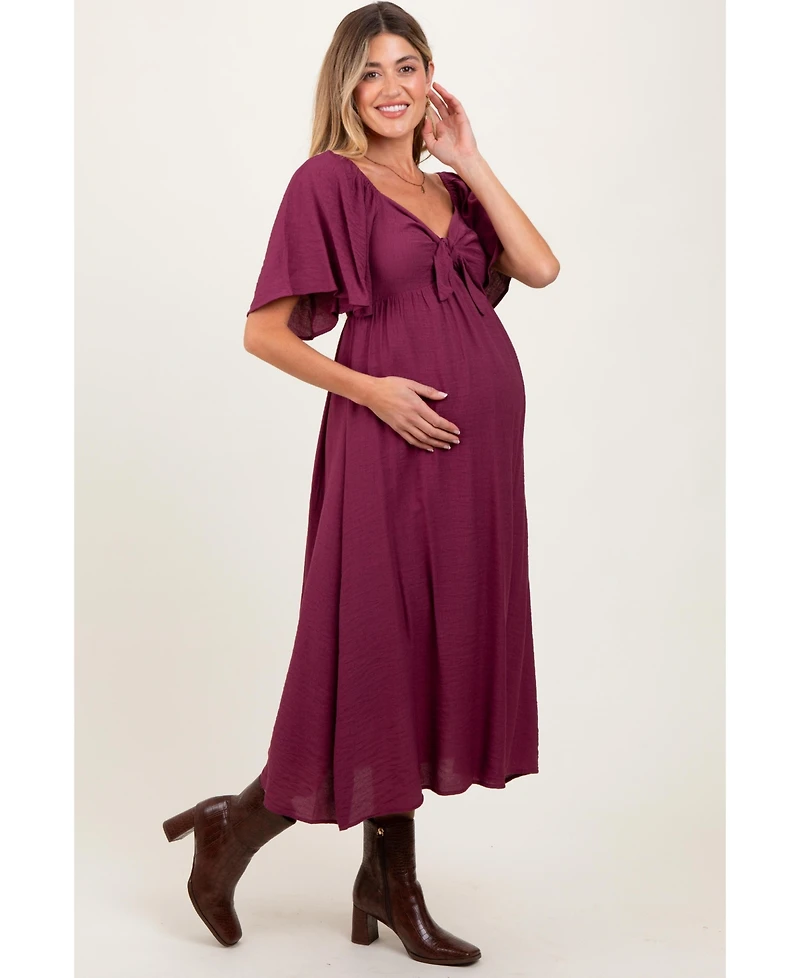 Pinkblush Maternity Plum Front Tie Ruffle Sleeve Midi Dress