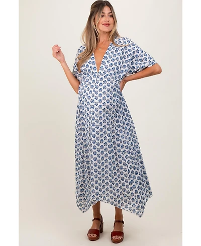 Pinkblush Navy Floral Deep V-Neck Handkerchief Hem Maternity Maxi Dress