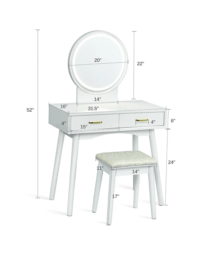 Small Vanity Desk with Mirror and Lights, Makeup Table with 4 Drawers, Vanity Stool, Round Lighted Mirror, 3 Color Modes, Dressing Table Set