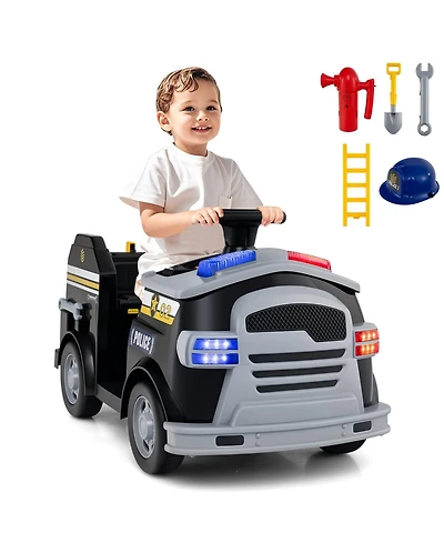 Police Car Ride on, 12V Electric Cop Truck Kids w/Shovel & Wrench, Fire Extinguisher, Ladder, Safety Hat, 4 Anti-Slip Wheels, Music, Alarm, Horn,