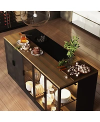 Kitchen island with 3 drawers, glass shelves, light strip, kitchen island storage table with dining table, coffee station and microwave rack for home,
