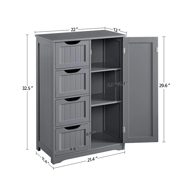 32.5" H Wooden Bathroom Cabinet 4 Drawers & Cupboard