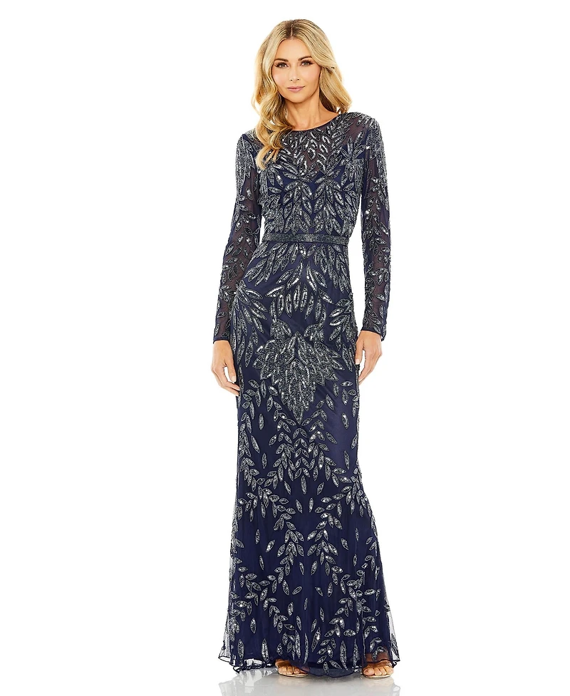 Women's Long Sleeve Illusion Neckline Embellished Gown