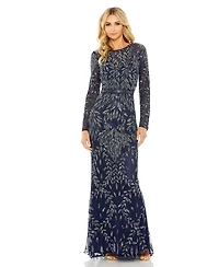 Women's Long Sleeve Illusion Neckline Embellished Gown