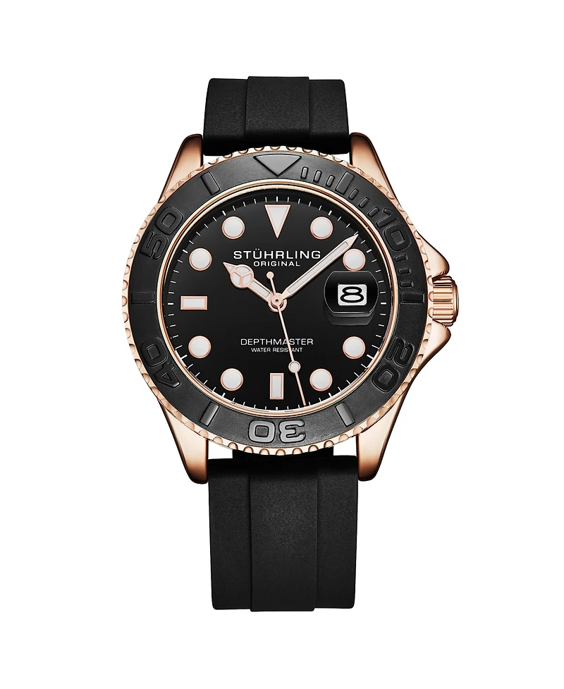Stuhrling Depthmaster 4072 Men s Quartz Diver Watch – 42mm, Rose Gold-Tone Case, Black Dial, Silicone Strap, Date, 100M Water Resistant