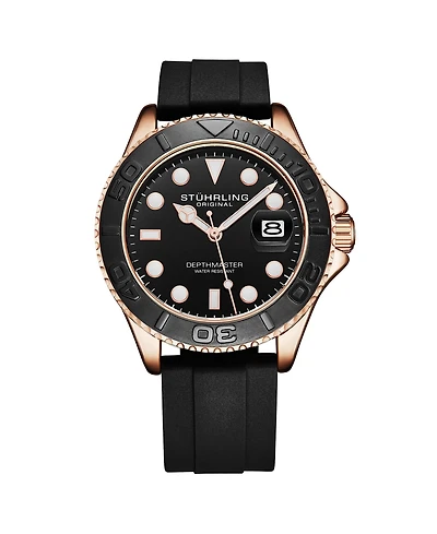 Stuhrling Depthmaster 4072 Men s Quartz Diver Watch – 42mm, Rose Gold-Tone Case, Black Dial, Silicone Strap, Date, 100M Water Resistant