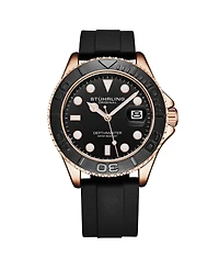 Stuhrling Depthmaster 4072 Men s Quartz Diver Watch – 42mm, Rose Gold-Tone Case, Black Dial, Silicone Strap, Date, 100M Water Resistant