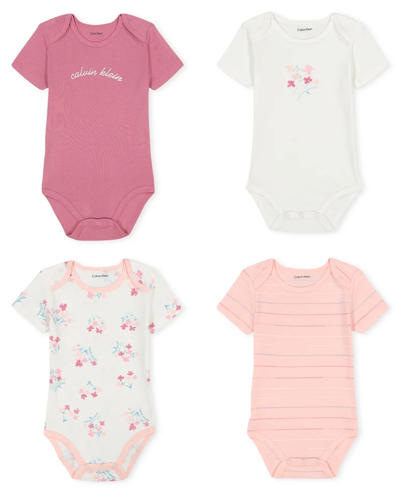 Calvin Klein Baby Girls 4-Pack Short Sleeve Ribbed Trim Floral Logo Bodysuit Set